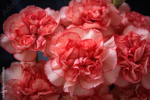  a close up of a bunch of pink carnations on a black background with a blurry image of the center part of the carnations in the center of the image.