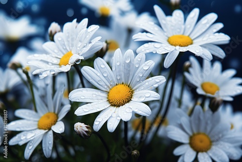  a bunch of white daisies with yellow centers in a vase with water droplets on the petals and a blue background with white dots on the top of the petals.