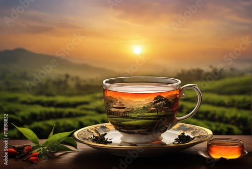 Royal Cup of green tea with green tea farming background