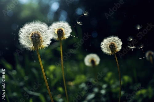  a group of dandelions blowing in the wind on a sunny day in a field of green grass with a blurry background of trees in the foreground.