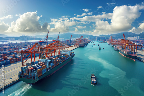 Containers are loaded onto container cargo ship at terminal vessel port AI Generation