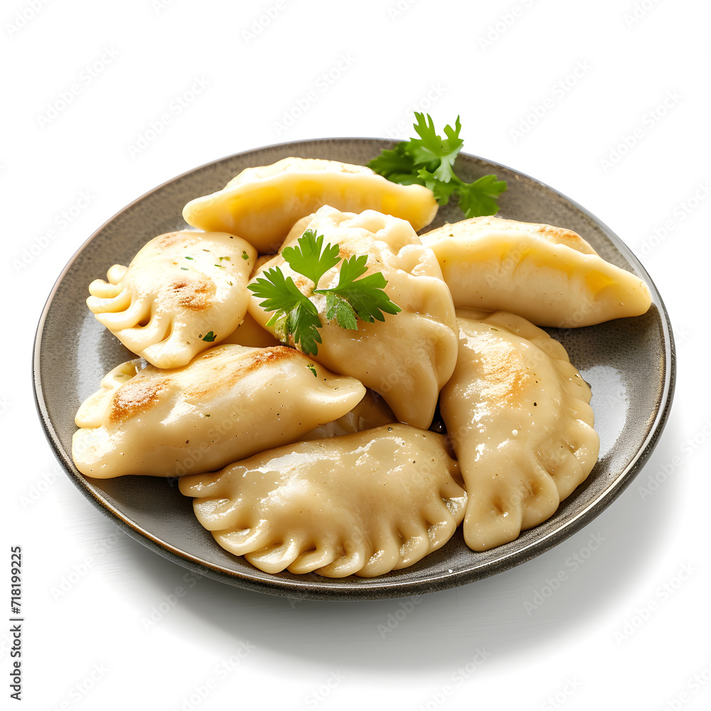 Traditional polish pierogi on white plate top view isolated on white background. Pierogi, pyrohy or dumplings Traditional polish pierogi on white plate top view isolated on white background. Pierogi, pyrohy or dumplings