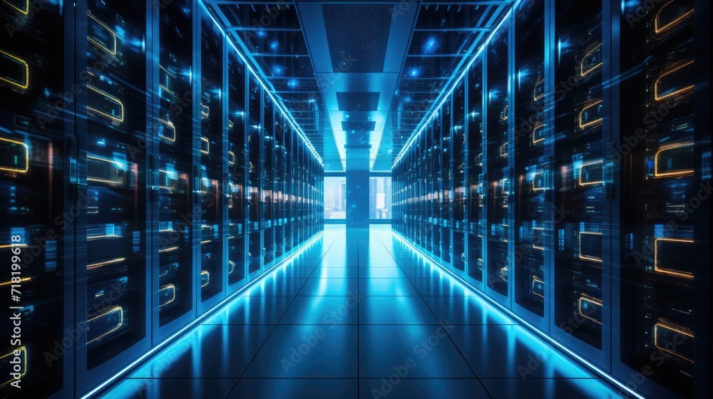 Modern Data Technology Server Racks in big room, IT engineer working on data rack, copy space for text Modern Data Technology Server Racks in big room, IT engineer working on data rack, copy space for text