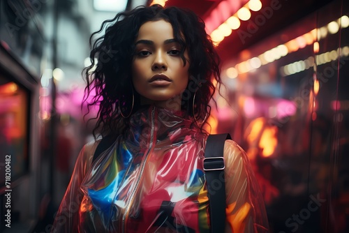 High-fashion model in a futuristic cityscape with bold pops of neon against a dark urban backdrop