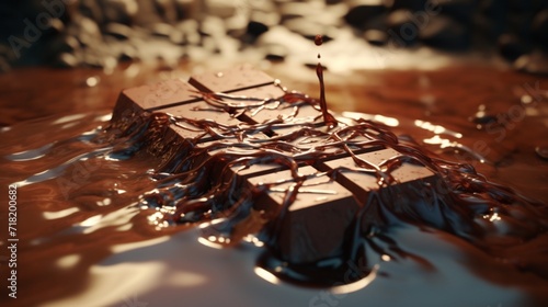 A waterfall of melted Ecuadorian chocolate, flowing gracefully into a pool, creating a mouthwatering scene for chocolate lovers. photo