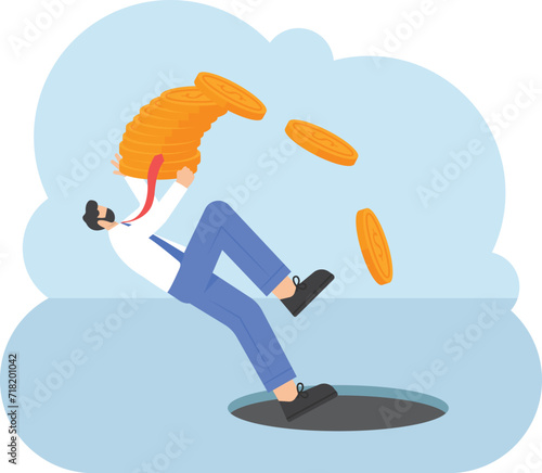 Businessman carrying stack of money is about to fall in hold, illustration vector cartoon

