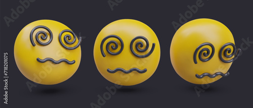 Dizzy face emoticons set. Yellow 3D heads with spirals eyes and twisted mouth. Stunned character, different angle view. Vector templates for dynamic design