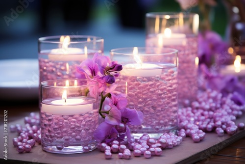  a close up of a bunch of candles on a table with flowers in the middle of the table and candles in the middle of the table with flowers in the middle of the table.