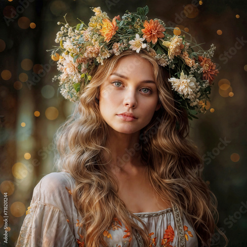 An image of a beautiful woman on a wreath of brignt flowers dressed in a country style outfit on a dark background. For covers, backgrounds, wall arts and other spring projects. photo