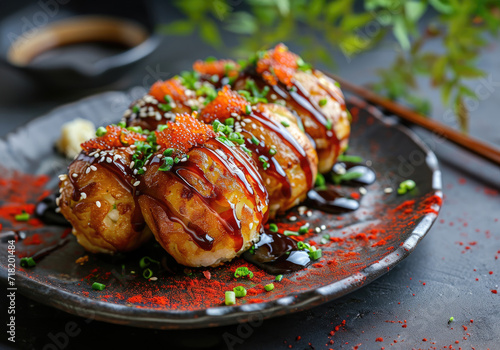 Takoyaki with tare sauce, green onion and mayo on a black plate, closeup