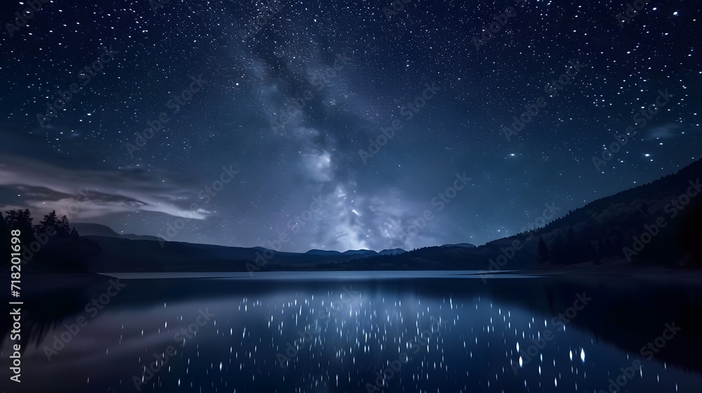 night sky over the lake, starry night sky over a tranquil lake, with the Milky Way and constellations visible in the darkness