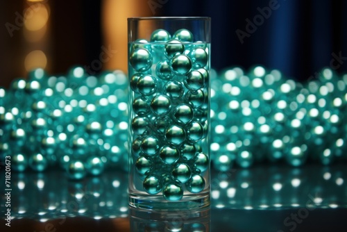  a glass filled with green balls sitting on top of a table next to a pile of green balls on top of a black table top next to a blue curtain.
