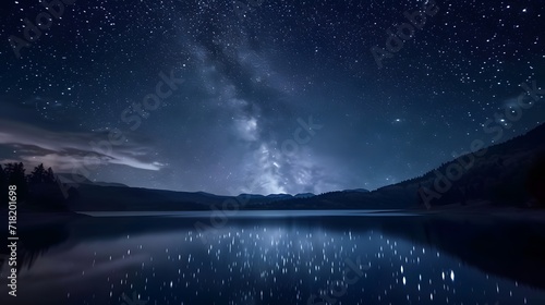 night sky over the lake, starry night sky over a tranquil lake, with the Milky Way and constellations visible in the darkness © @ArtUmbre