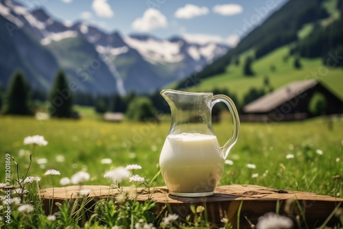 A milk jug on a wooden table with a mountain landscape and meadow in the background