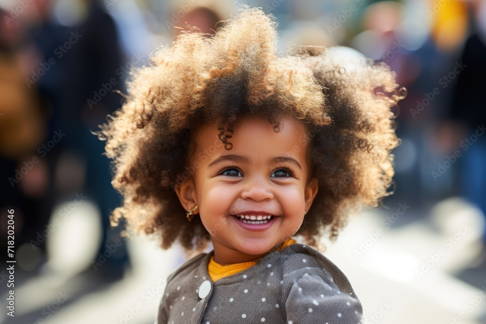 a close up of a child with a big smile on her face and curly hair on top of her head, with a crowd of people walking in the background. a close up of a child with a big smile on her face and curly hair on top of her head, with a crowd of people walking in the background.