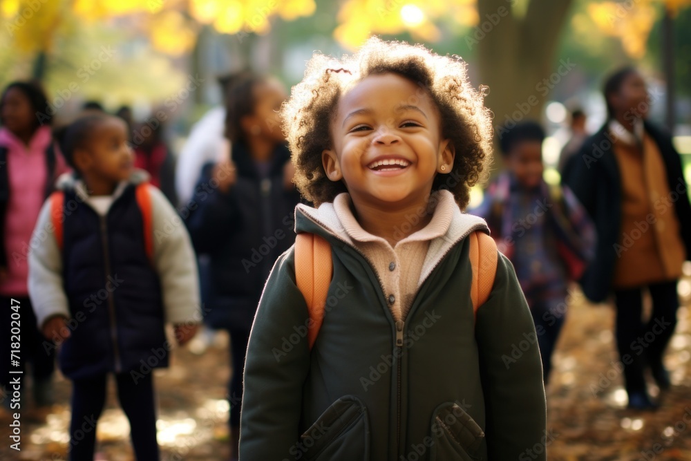 a close up of a child smiling at the camera with a group of people in the background in the background, there is a tree with yellow leaves on the ground. a close up of a child smiling at the camera with a group of people in the background in the background, there is a tree with yellow leaves on the ground.