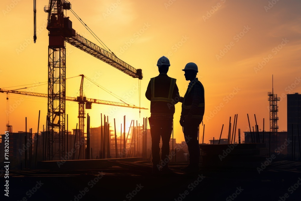 a couple of men standing next to each other in front of a tall building under a cloudy sky with the sun setting in the distance behind them and a crane in the foreground. a couple of men standing next to each other in front of a tall building under a cloudy sky with the sun setting in the distance behind them and a crane in the foreground.