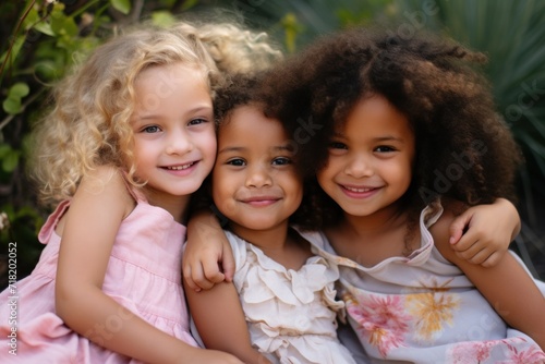  three little girls sitting next to each other with their arms around each other and smiling at the camera with their arms around the other girl's shoulders and smiling.