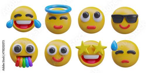 Set of colorful funny emoticons on white background. Reactions of happiness and laughter, coolness, sickness, and holiness. Vector illustration in 3d style