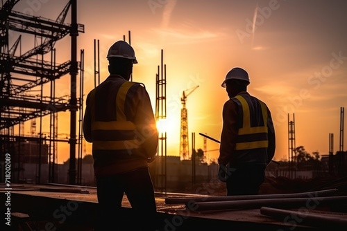  a couple of men standing next to each other in front of a building with the sun setting in the back of the building with scaffoldings behind them.