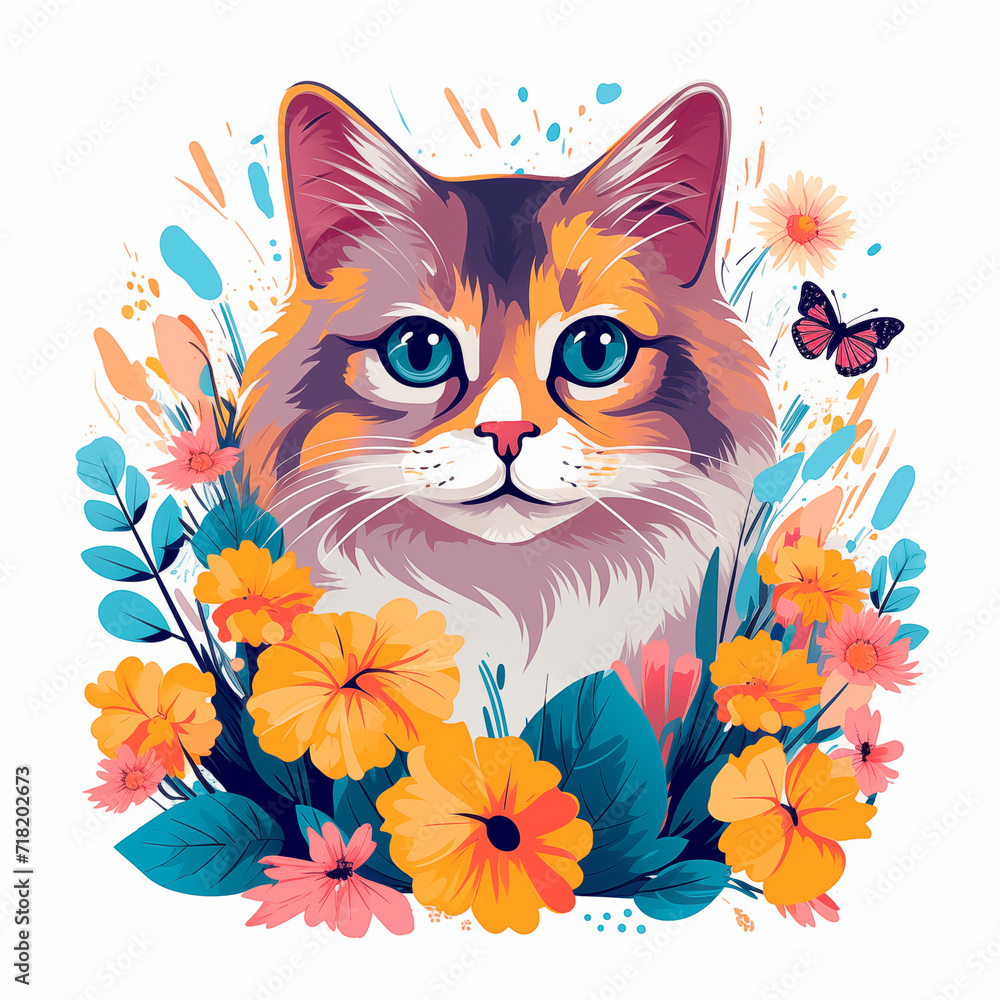 Cute cat with flowers in a trendy style, a bright pattern for the design of cards posters prints on T-shirts mugs pillows