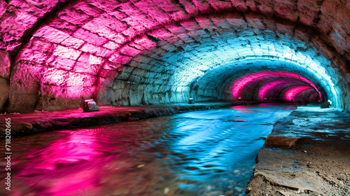 Mysterious Underground Tunnel, Dark Corridor with Illuminated Walls, Ancient Architecture, Eerie Urban Exploration photo