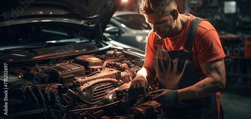 a car mechanic inspects a car in a car service, the image is made with the help of generative ai technology.