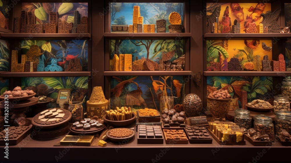 An 8K high-resolution picture showcasing a Mexican chocolate shop's display window filled with an array of vibrant, handmade chocolate bars and treats