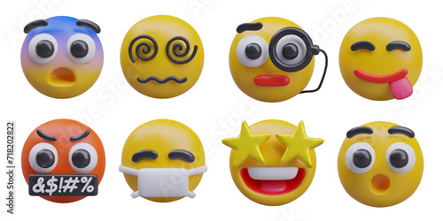 Set of 3D emoticons in cartoon style. Isolated vector templates showing different human reactions. Cute images on white background. Fear, dizziness, attention, pleasure, rage, sickness, delight, shock