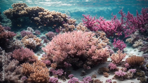 Pink coral reef backdrop with an underwater sea