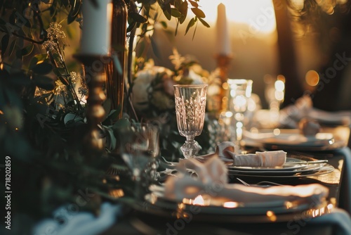 a table set for a formal dinner with a candle and flowers in the center of the table and a candle in the center of the table, and a candle in the middle of the table.