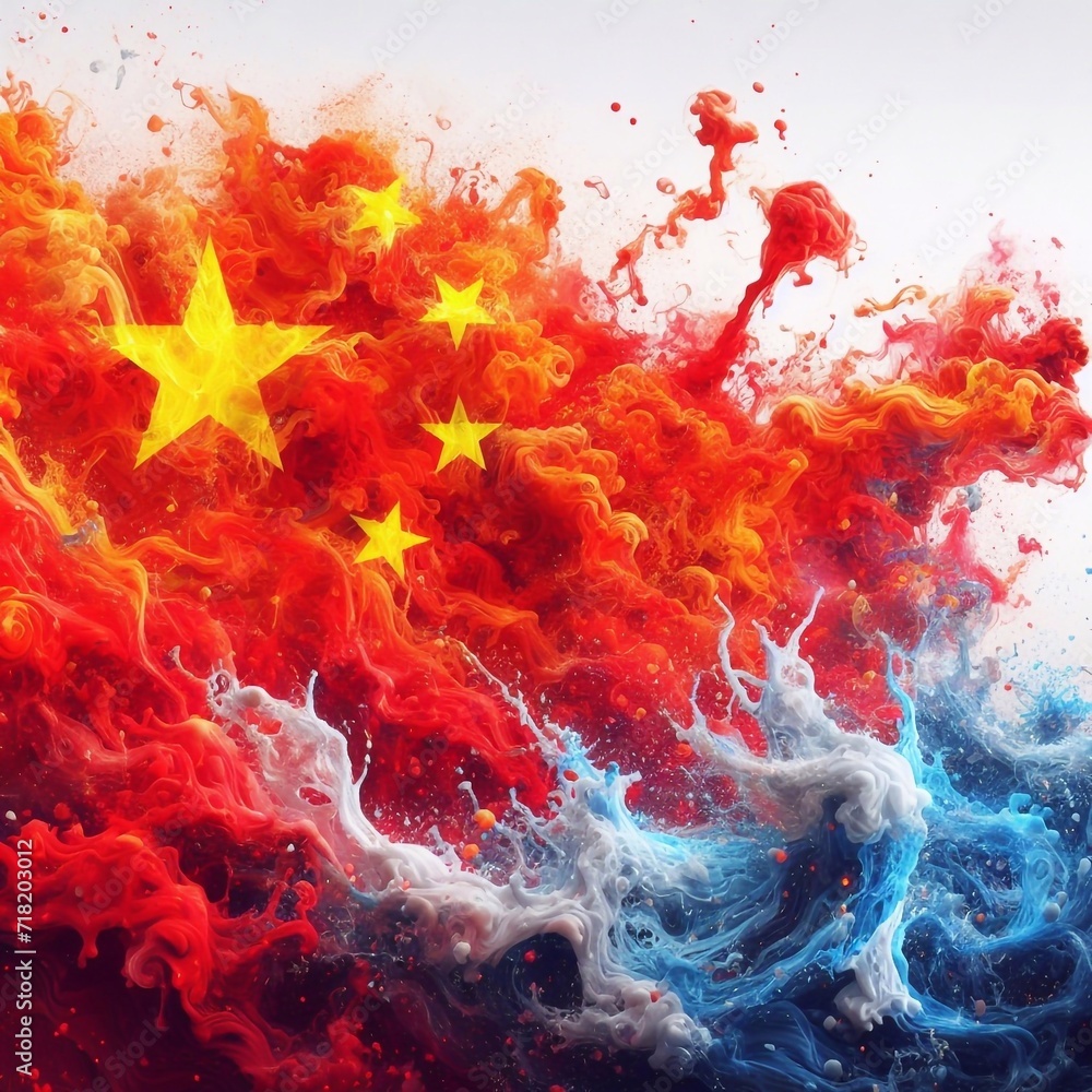 China flag what Splash of water and flame. AI generated illustration