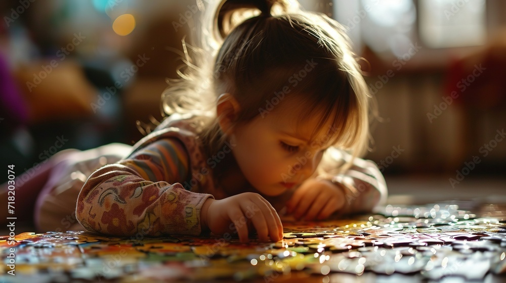 Kids and playtime, side view of concentrated little girl playing with puzzles. Created with Generative Ai technology. Kids and playtime, side view of concentrated little girl playing with puzzles. Created with Generative Ai technology.
