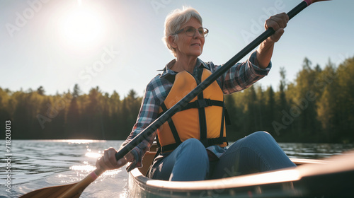 Happy mature woman canoeing kayaking in a lake