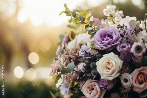  a bouquet of purple and white flowers sitting on top of a lush green leafy field of grass with the sun shining through the trees in the distance in the background.