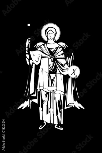 Traditional orthodox image of archangel Michael, prince of Heavenly Host. Christian antique illustration black and white in Byzantine style