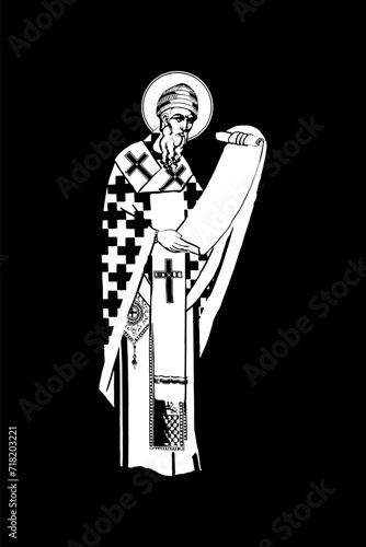 Traditional orthodox image of Saint Spyridon, Bishop of Trimythous. Christian antique illustration black and white in Byzantine style