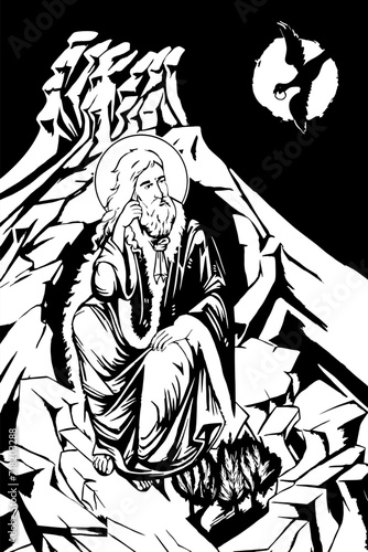 Traditional orthodox image of Prophet Saint Elijah. Christian antique illustration black and white in Byzantine style