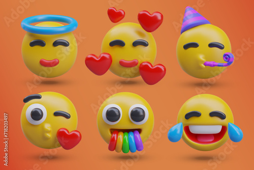 Collection of funny 3D emoticons. Festive, positive mood. Holy innocence, love, party, flirting, rainbow from mouth, laughter to tears. Templates for bright reactions in chats, messengers