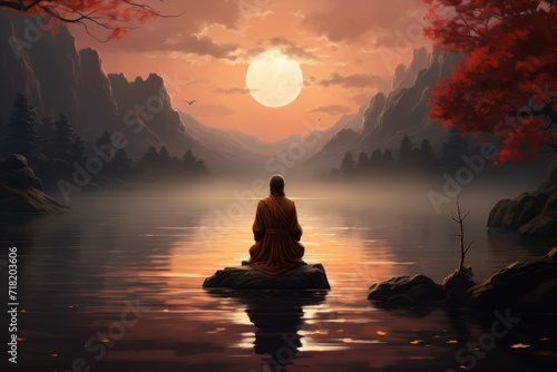  a painting of a person sitting on a rock in the middle of a body of water with a mountain range in the background and a full moon in the sky.