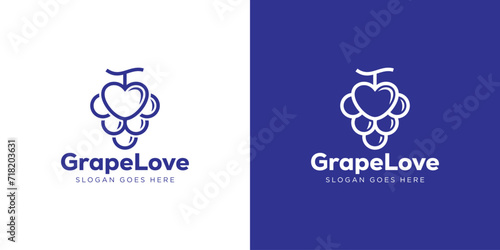 Creative Grape Love Logo. Modern Grapes with Linear Outline Style. Winery Logo Icon Symbol Vector Design Template.