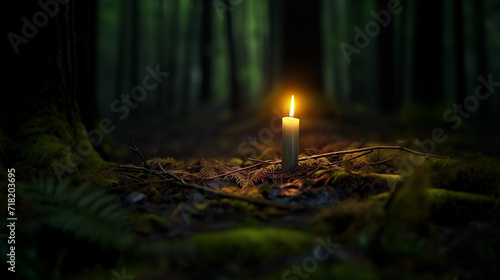 Lonely Candle burning in a dark Forrest, AI Generated 