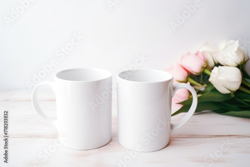  two white coffee mugs sitting next to a bouquet of pink and white tulips on a white tablecloth with a white wall in the background behind them.