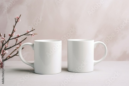  a couple of white coffee mugs sitting next to each other on a table with a branch of a blossoming tree in front of a pink and white background.