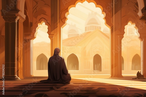 Muslim woman praying mosque. Illustration for Ramadan Kareem. Muslim woman in hijab is praying at Mosque. Islamic religious faith. Concept of religion Islam.