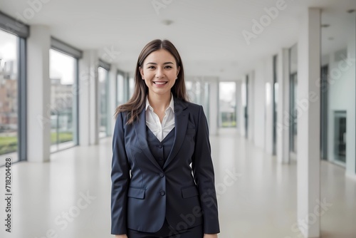 Professional in Business Attire Standing in Modern Office Corridor