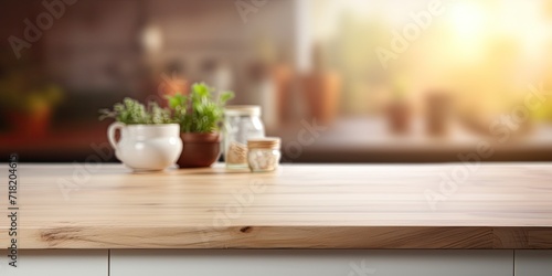 Blurred kitchen background showcases wooden tabletop for displaying products.