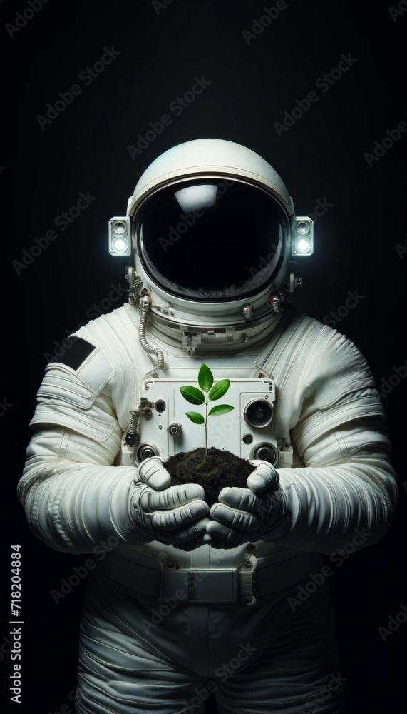 The astronaut holds in his hands the soil from which a green plant sprouts.