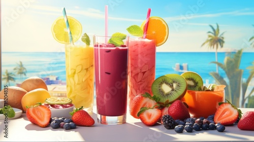  a group of fruit drinks sitting on top of a table next to a window with a view of the ocean and a beach in the background on a sunny day.