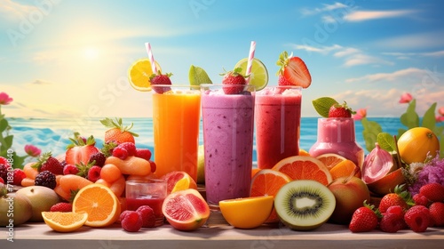  a table topped with lots of different types of fruits and veggies next to a body of water with the sun shining on the ocean in the back of the background.